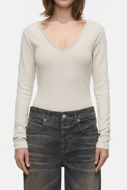 Closed Long-sleeved shirt with V-neck Pearl beige Clearance