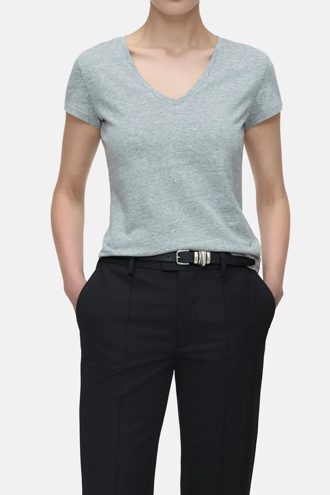 Closed T-shirt with V-neck Light grey melange Online